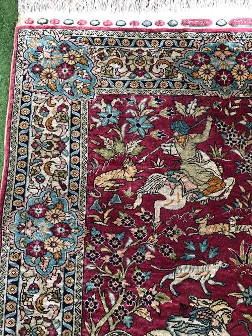 INVESTMENT OPPORTUNITY ~ A RARE AND VALUABLE EXQUISITE SIGNED QUM PURE SILK PERSIAN HUNTING CARPET