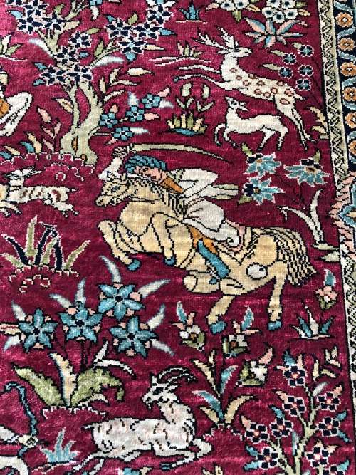 INVESTMENT OPPORTUNITY ~ A RARE AND VALUABLE EXQUISITE SIGNED QUM PURE SILK PERSIAN HUNTING CARPET