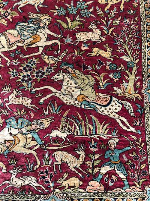 INVESTMENT OPPORTUNITY ~ A RARE AND VALUABLE EXQUISITE SIGNED QUM PURE SILK PERSIAN HUNTING CARPET