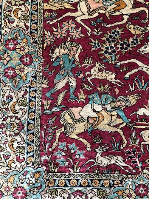 INVESTMENT OPPORTUNITY ~ A RARE AND VALUABLE EXQUISITE SIGNED QUM PURE SILK PERSIAN HUNTING CARPET