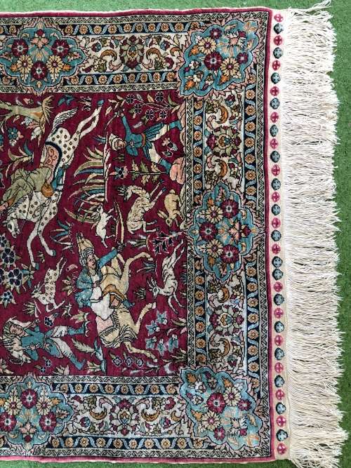 INVESTMENT OPPORTUNITY ~ A RARE AND VALUABLE EXQUISITE SIGNED QUM PURE SILK PERSIAN HUNTING CARPET