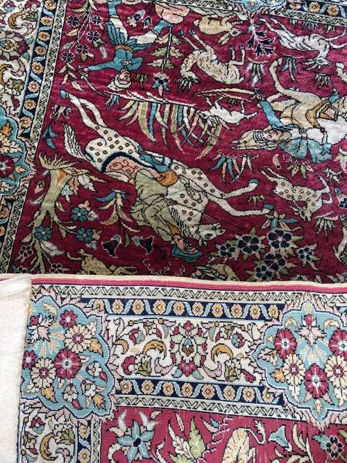 INVESTMENT OPPORTUNITY ~ A RARE AND VALUABLE EXQUISITE SIGNED QUM PURE SILK PERSIAN HUNTING CARPET