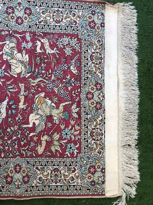 INVESTMENT OPPORTUNITY ~ A RARE AND VALUABLE EXQUISITE SIGNED QUM PURE SILK PERSIAN HUNTING CARPET