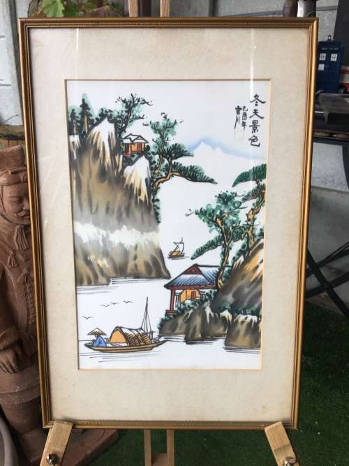 Stunning Framed Chinese Hand Painted Water Color Landscape on Silk signed by Artist.