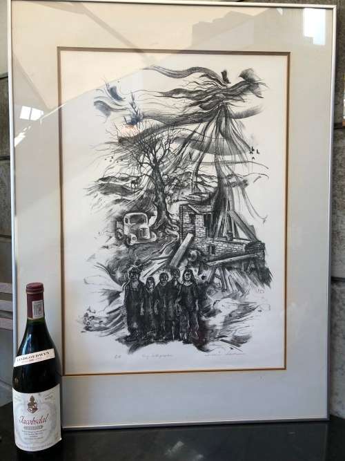 WOW !! A STUNNING LARGE FRAMED AND GLAZED ORIGINAL LITHOGRAPH BY HEIMO SCHMIDT SIGNED IN PENCIL