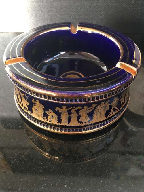 Stunning Large Vintage SPYROPOULOS Cobalt Blue Ashtray with 24K GOLD Trimming  Handmade in Greece