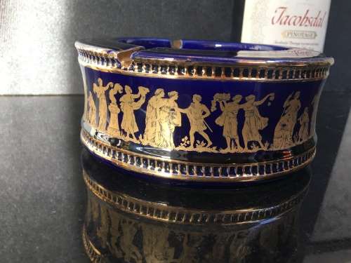 Stunning Large Vintage SPYROPOULOS Cobalt Blue Ashtray with 24K GOLD Trimming  Handmade in Greece