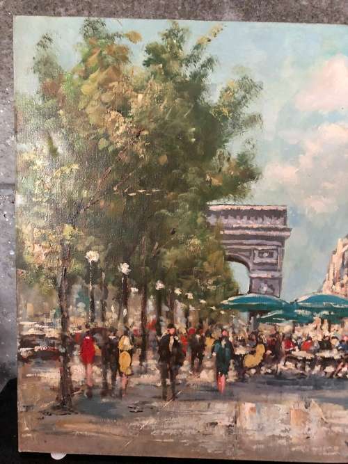 INVESTMENT !!!! BEAUTIFUL OIL ON CANVAS PARISIENNE STREET SCENE SIGNED PAGE ~ unframed
