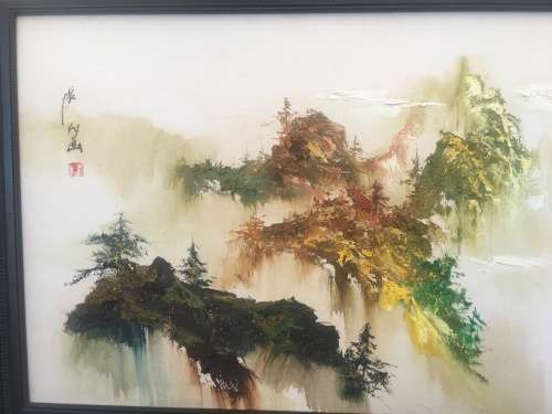 WOW !!! STUNNING LARGE FRAMED PALETTE OIL ON BOARD CHINESE LANDSCAPE PAINTING signed