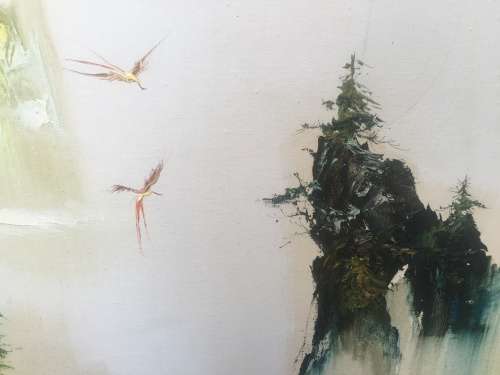 WOW !!! STUNNING LARGE FRAMED PALETTE OIL ON BOARD CHINESE LANDSCAPE PAINTING signed