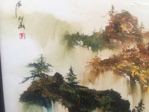 WOW !!! STUNNING LARGE FRAMED PALETTE OIL ON BOARD CHINESE LANDSCAPE PAINTING signed