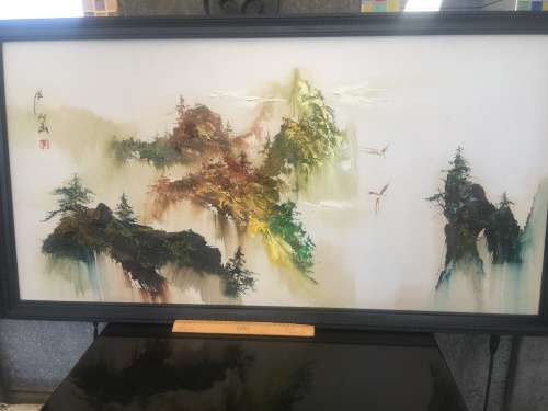 WOW !!! STUNNING LARGE FRAMED PALETTE OIL ON BOARD CHINESE LANDSCAPE PAINTING signed
