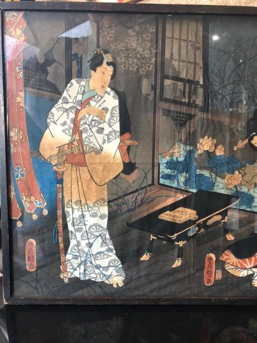 WOW !!! ORIGINAL LARGE JAPANESE WOODBLOCK TRIPTYCH , ALL THREE ARE SIGNED AND FRAMED BEHIND GLASS