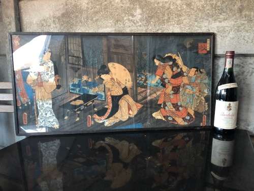 WOW !!! ORIGINAL LARGE JAPANESE WOODBLOCK TRIPTYCH , ALL THREE ARE SIGNED AND FRAMED BEHIND GLASS