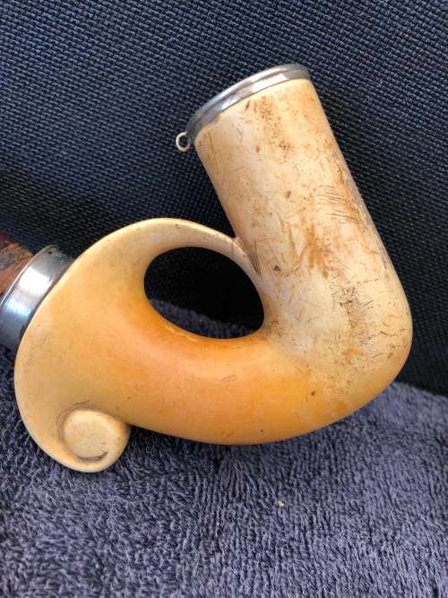 WOW !!! AWESOME ANTIQUE MEERSCHAUM PIPE WITH SILVER RIMS AND BENT MOUTH PIECE