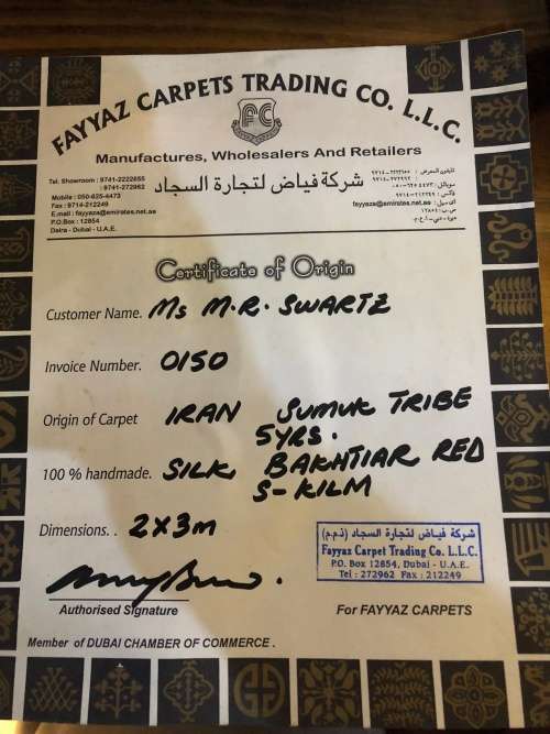 INVESTMENT !! RARE VINTAGE TRIBAL SOUMAK CROCHET SILK KILIM PERSIAN CARPET 3000 X 2000mm WITH COA