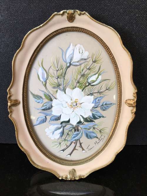 Stunning Small Vintage Ornate Chalk Framed Floral Painting signed by Joan Martini. S.A.Artist.
