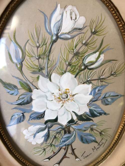 Stunning Small Vintage Ornate Chalk Framed Floral Painting signed by Joan Martini. S.A.Artist.