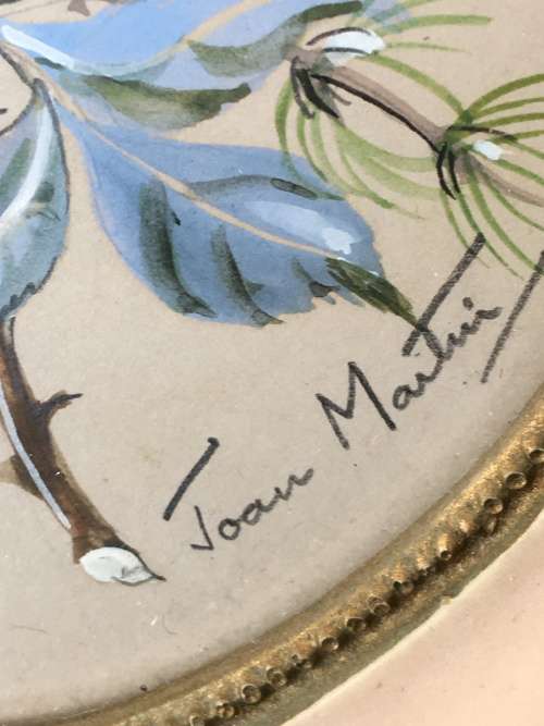 Stunning Small Vintage Ornate Chalk Framed Floral Painting signed by Joan Martini. S.A.Artist.