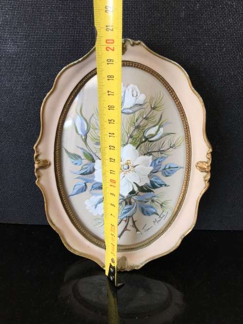 Stunning Small Vintage Ornate Chalk Framed Floral Painting signed by Joan Martini. S.A.Artist.