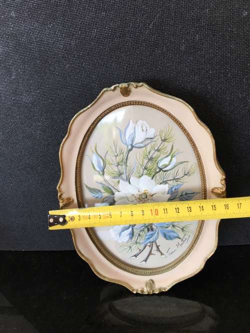 Stunning Small Vintage Ornate Chalk Framed Floral Painting signed by Joan Martini. S.A.Artist.