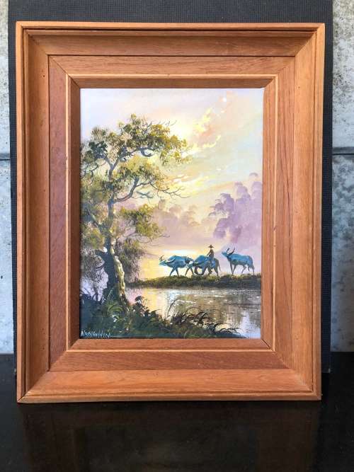 WOW !!! STUNNING FRAMED CHINESE OIL ON CANVAS BY NAING WIN IN EXCELLENT CONDITION