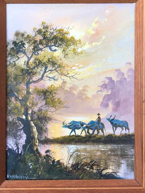 WOW !!! STUNNING FRAMED CHINESE OIL ON CANVAS BY NAING WIN IN EXCELLENT CONDITION