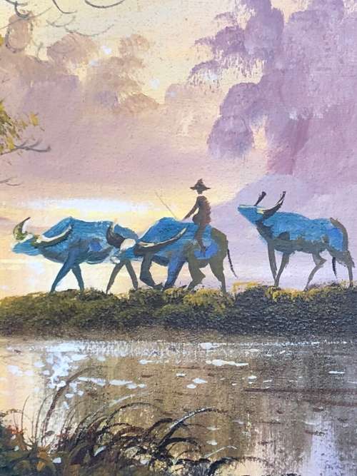 WOW !!! STUNNING FRAMED CHINESE OIL ON CANVAS BY NAING WIN IN EXCELLENT CONDITION