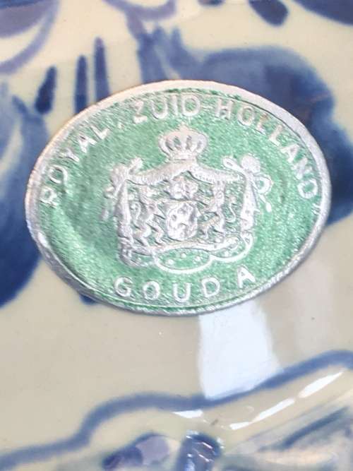 Stunning Vintage Large Blue and white Delft Royal Gouda Finial Lidded Bowl on Feet