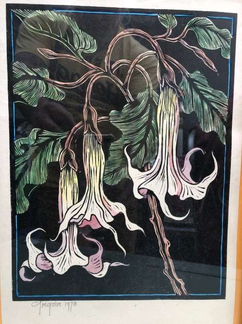 WOW !!! GREGOIRE BOONZAAIER WATERCOLORED LINOCUT DATED 1978 AND AUTHENTICATED ON THE BACK