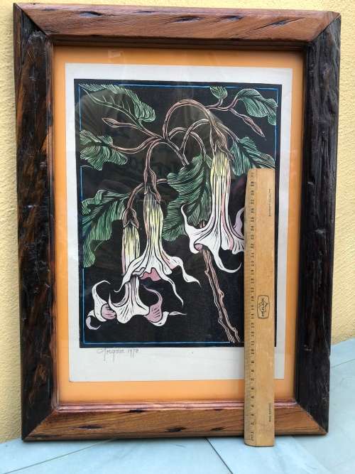 WOW !!! GREGOIRE BOONZAAIER WATERCOLORED LINOCUT DATED 1978 AND AUTHENTICATED ON THE BACK