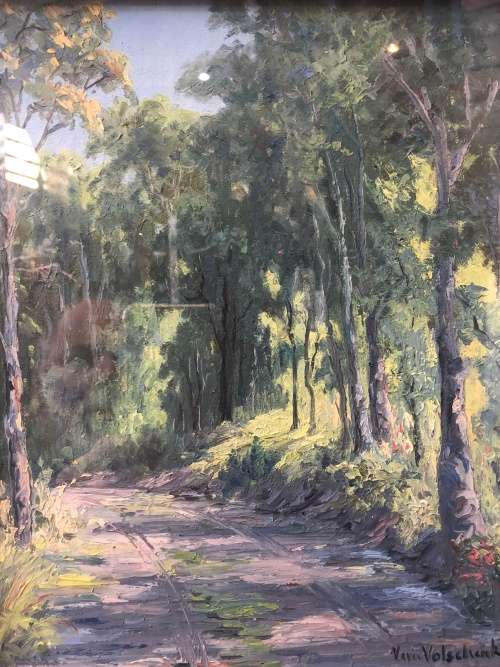 INVESTMENT ART~ VERA VOLSCHENK (1899-1987) - ROAD THROUGH TREES - OIL ON BOARD DATED 1948