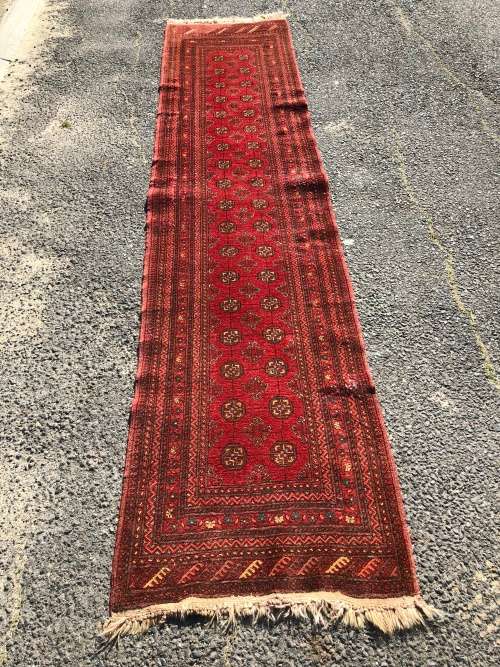 WOW !!! VINTAGE NICELY WORN HAND KNOTTED PURE WOOL PERSIAN BOKHARA RUNNER 3690 X 790mm
