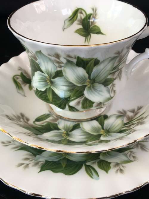 Absolutely Beautiful  Royal Albert Bone China "Trillium" Green & Gold Gilt Trio, Like New
