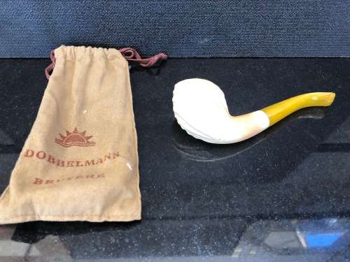 WOW !!! VINTAGE USED SWIRLED BILLIARD BENT REAL BLOCK MEERSCHAUM PIPE WITH AN AMBER STEM