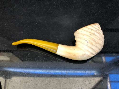 WOW !!! VINTAGE USED SWIRLED BILLIARD BENT REAL BLOCK MEERSCHAUM PIPE WITH AN AMBER STEM
