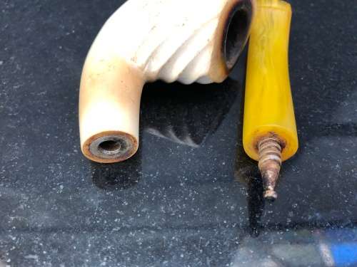 WOW !!! VINTAGE USED SWIRLED BILLIARD BENT REAL BLOCK MEERSCHAUM PIPE WITH AN AMBER STEM