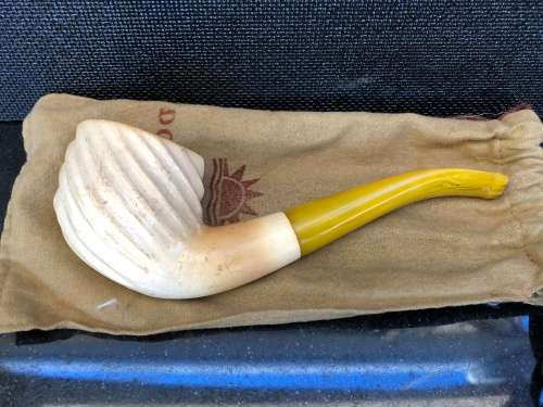 WOW !!! VINTAGE USED SWIRLED BILLIARD BENT REAL BLOCK MEERSCHAUM PIPE WITH AN AMBER STEM
