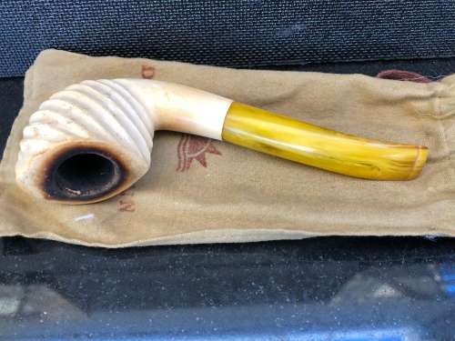 WOW !!! VINTAGE USED SWIRLED BILLIARD BENT REAL BLOCK MEERSCHAUM PIPE WITH AN AMBER STEM