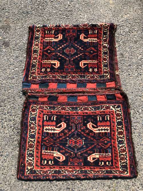 STUNNING VINTAGE HEAVY HAND KNOTTED PURE WOOL PERSIAN SADDLE BLANKET / SADDLE BAG - 990 X 620mm