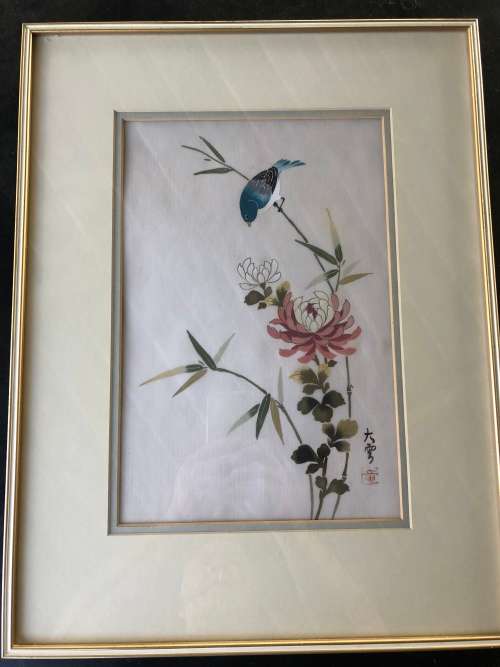WOW !!! STUNNING CHINESE PAINTING ON SILK FRAMED WITH CALLIGRAPHY