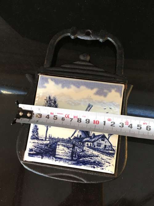 Vintage Hot Pot Stand -Blue Delft hand painted Windmill Tile in cast iron frame shape of a Kettle