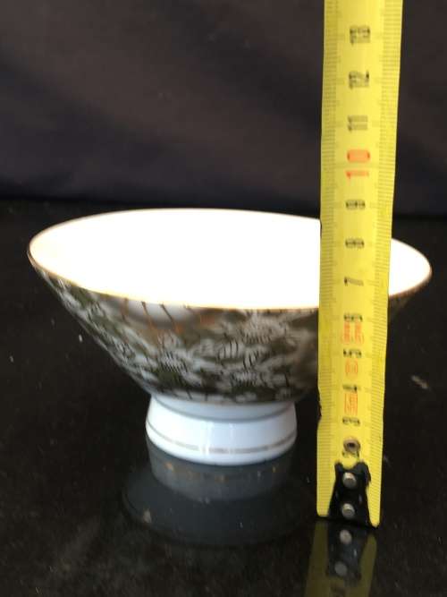 Beautiful Vintage c1950s Japanese Kutani Green & Gold Fine Porcelain Footed Bowl
