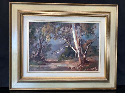 WOW !!! JOHAN OLDERT (1912-1984) FRAME OIL ON BOARD - BLUEGUM TREES - INVESTMENT ART