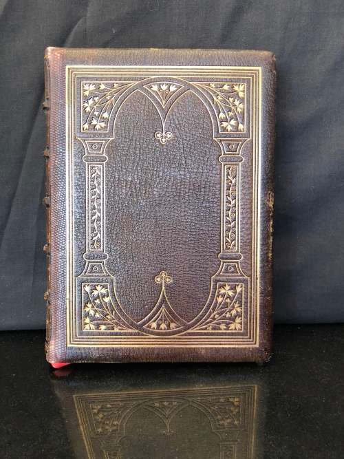 ANTIQUE HARDCOVER GILT EDGED LEATHER BOUND AND RIBBED BOOK - POEMS BY JEAN INGELOW 1867
