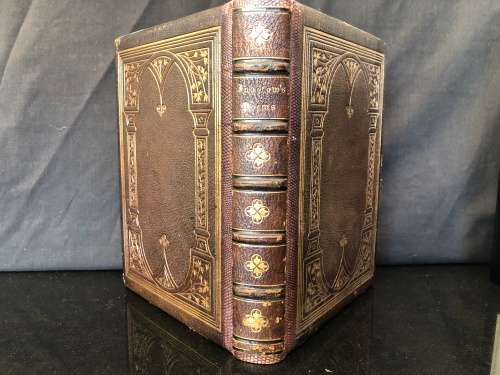ANTIQUE HARDCOVER GILT EDGED LEATHER BOUND AND RIBBED BOOK - POEMS BY JEAN INGELOW 1867