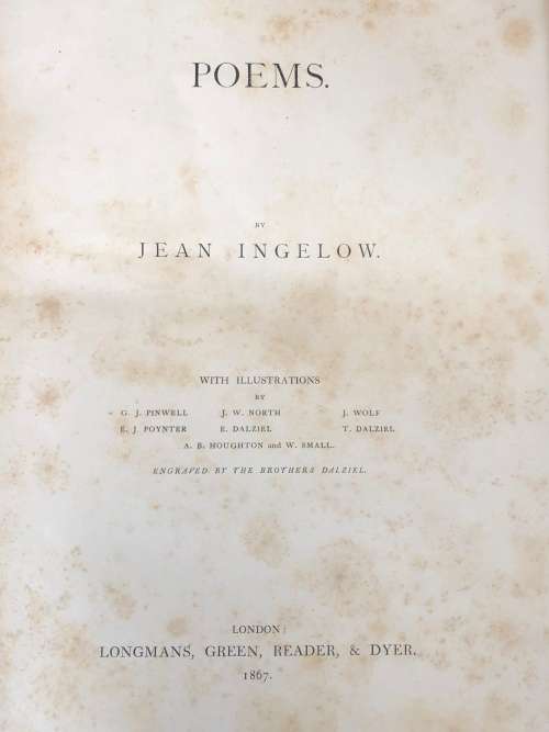 ANTIQUE HARDCOVER GILT EDGED LEATHER BOUND AND RIBBED BOOK - POEMS BY JEAN INGELOW 1867