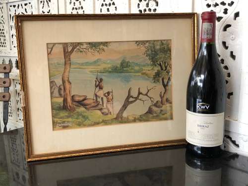 WOW !!! BEAUTIFUL ORIGINAL WATERCOLOR SIGNED MUSANGA - FRAMED BEHIND GLASS