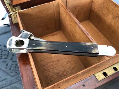WOW !!! FANTASTIC ANTIQUE MAHOGANY CIGAR HUMIDOR INCLUDING A SOLINGEN CIGAR CUTTER