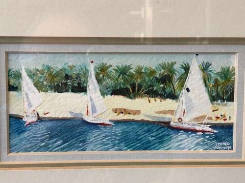 WOW !!! BEAUTIFUL FRAMED WATERCOLOR OF BOATS MOORED ON A BEACH SIGNED JOHN'O ASWAN 1994